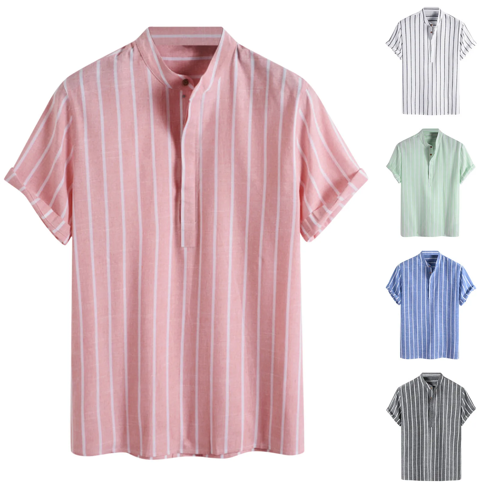 Summer Men Shirts Turn Down Collar Short Sleeve Button Loose Male Stripe Shirts Short Sleeve Stand Collar Shirt Blouse Oversized