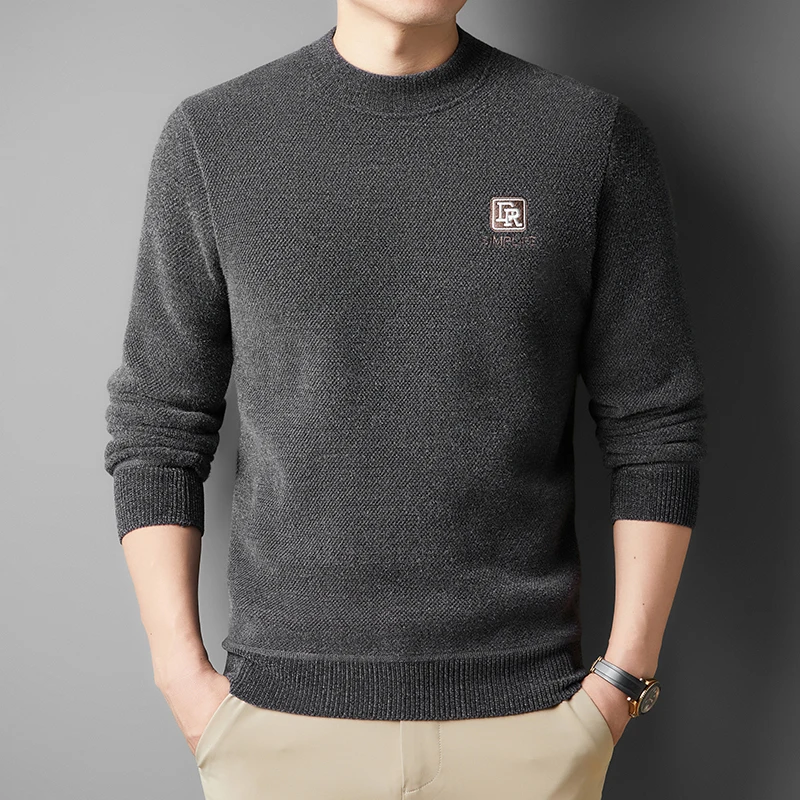 

Sweater Men's Semi High Neck with Thick Velvet Winter New Warm One-piece Velvet Knitted Bottom Line Sweater