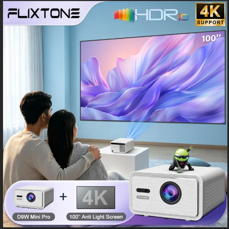 Flixtone D9W Mini Pro Projector+100 inch Screen 2700 ANSI Lumens Full HD 1080P Android Smart TV Video LED Home Theater