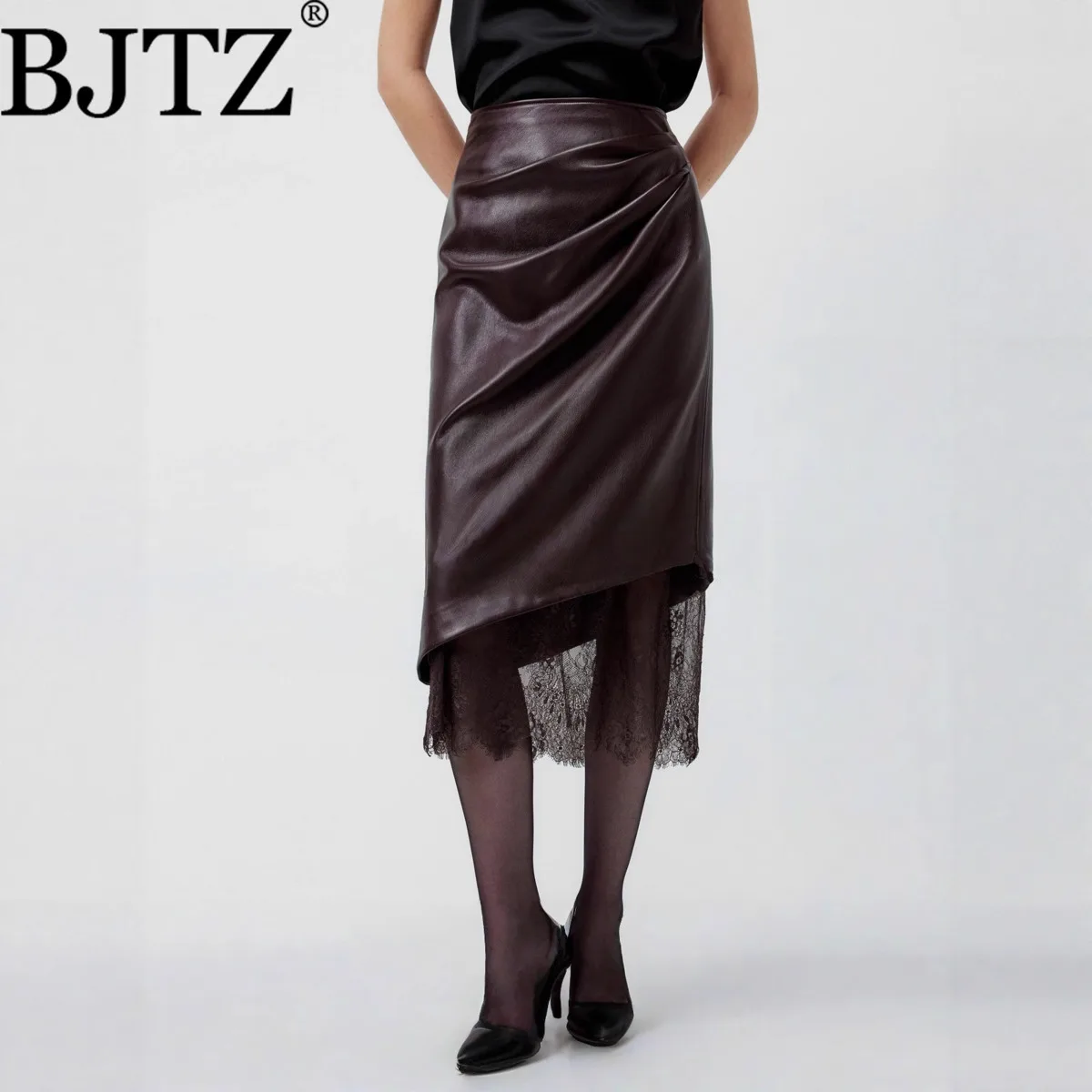 

BJTZ 2026 Весенне-осенняя женская кожаная юбка во французском стиле - облегающая миди-юбка с кружевными вставками, элегантный и модный дизайн