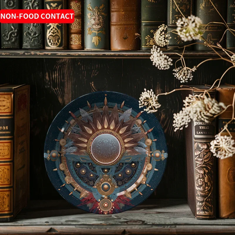 1pc Elegant Ceramic Decorative Plate - Non-Food Contact Safe Table Decor with Teal Blue, Golden, Brown & Beige Feather Pattern