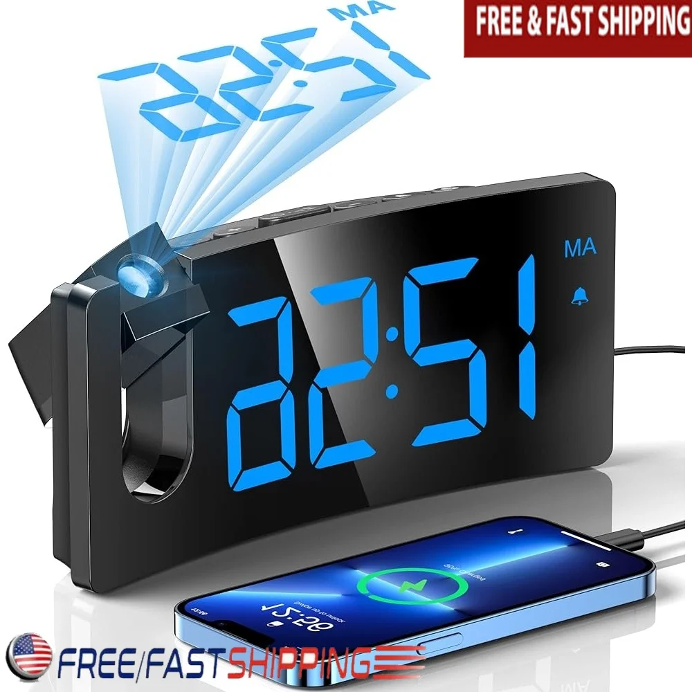 

Digital Projection Alarm Clock 180° Rotatable USB Charger Clear LED Display 3-Level Brightness Easy Control Unique Curved Design