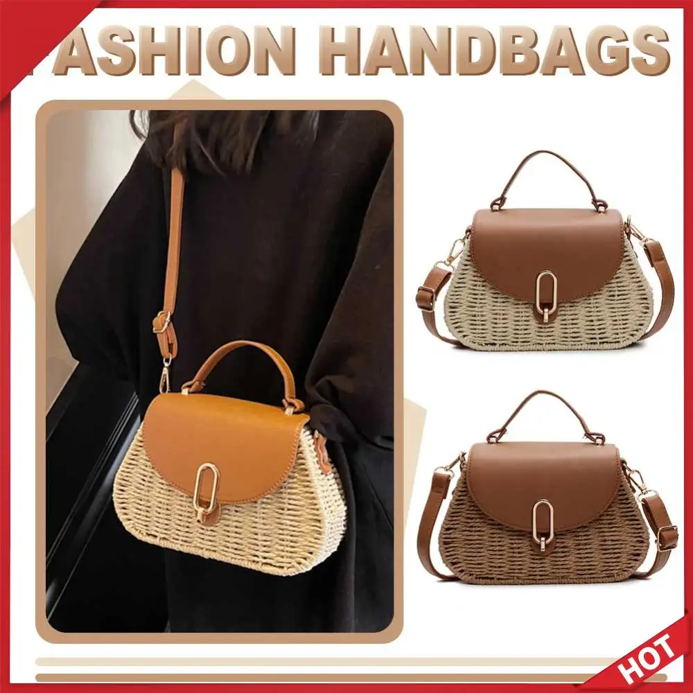 

Пляжная сумка из соломки и искусственной кожи, летняя сумка через плечо с клапаном, сумка-кроссбоди ручной работы с верхней ручкой для женщин