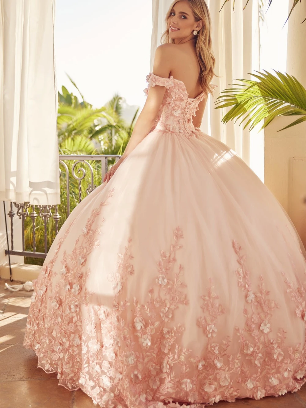 Charming Appliques 3D Flower Quinceanrra Prom Dresses Elegant Off The Shoulder Princess Long Pink Sweet 16 Dress Vestidos