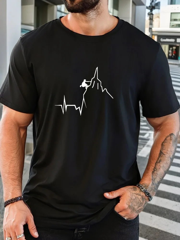 Men's Light Gray Crew Neck T-Shirt, with a White Line Pattern of a Climber's Heartbeat on a Mountain Peak, Soft Short-Sleeved Mountaineer Shirt