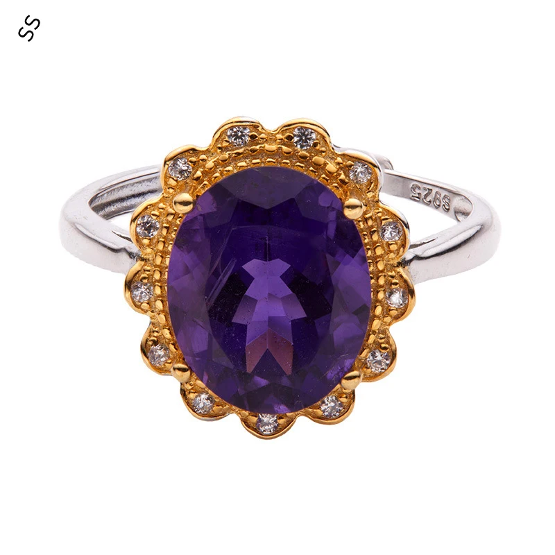 Live Stream Color Gemstone Ring S925 Sterling Silver Inlaid Natural Amethyst Adjustable Hand Accessories Cross-border Jewelry