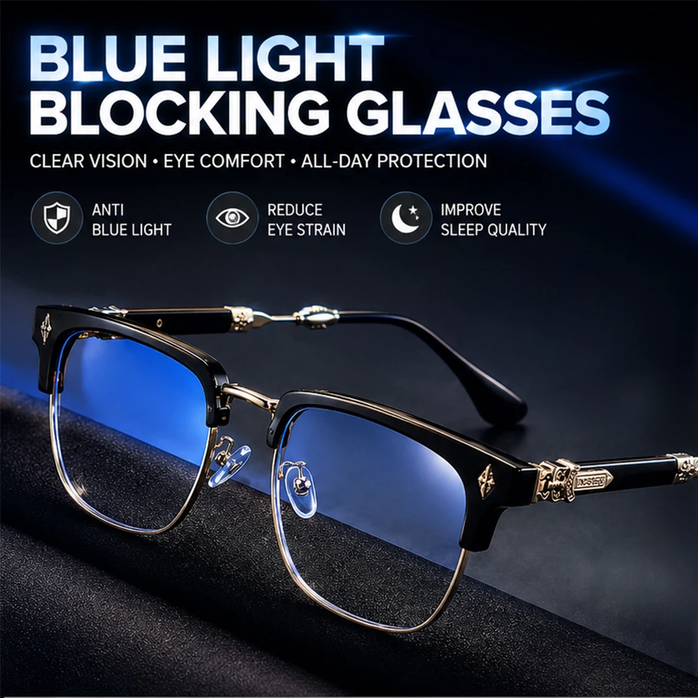 Vintage Blaulichtfilter-Brille mit Kreuzgravur für Männer und Frauen, Luxuriöse Halbrand-Quadratbrille, Retro-Computer-Gaming-Brille – Detail 3