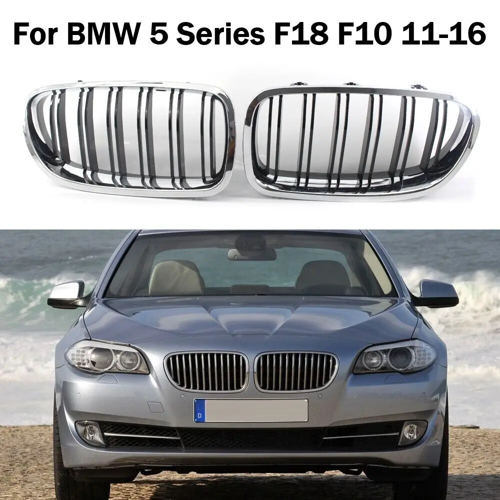 Pair Double Line Silver Frame Left & Right Car Front Bumper Sport Grilles Kidney Racing Grill For BMW 5 Series F10 F18 2010-2016