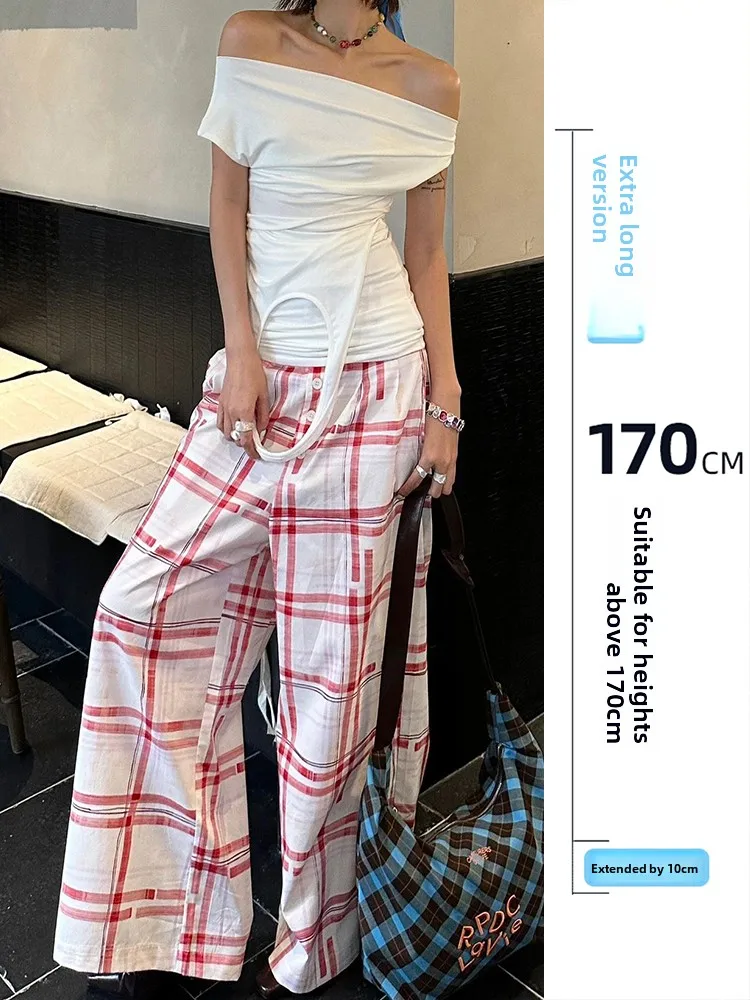 

High Waist Plaid Pants Women's Summer Long Version Design Sense Button Casual Floor-Length Pants Wide Leg Red White Checkered