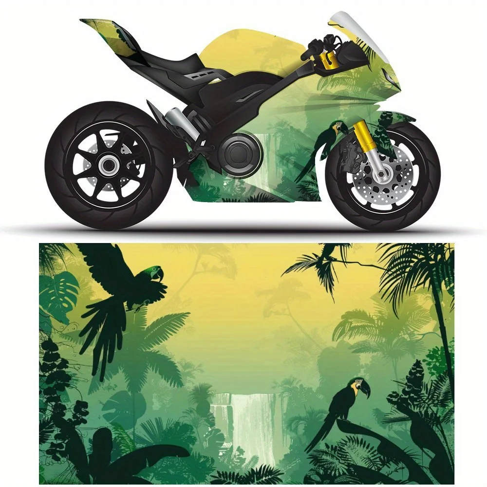 

Rainforest Parrot Silhouette Motorcycle Vinyl Wrap, Waterproof Removable Decal Sticker, Universal Fit for Motorbikes, Durable An