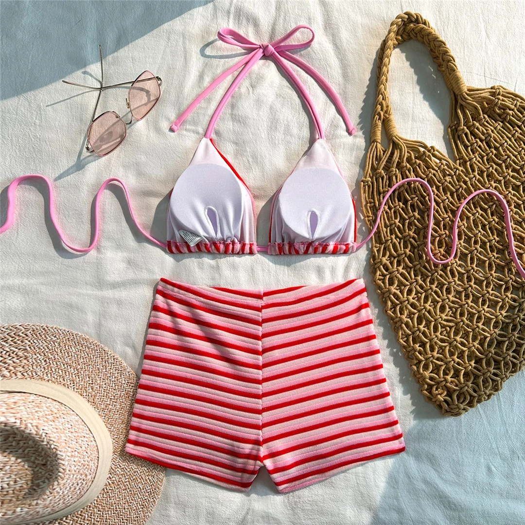 Neuer gestreifter Neckholder-Bikini mit hoher Taille, Damen-Badeanzug, zweiteiliges Bikini-Set mit Shorts, Badebekleidung, Badeanzug, Schwimmanzug V7825 – Detail 16