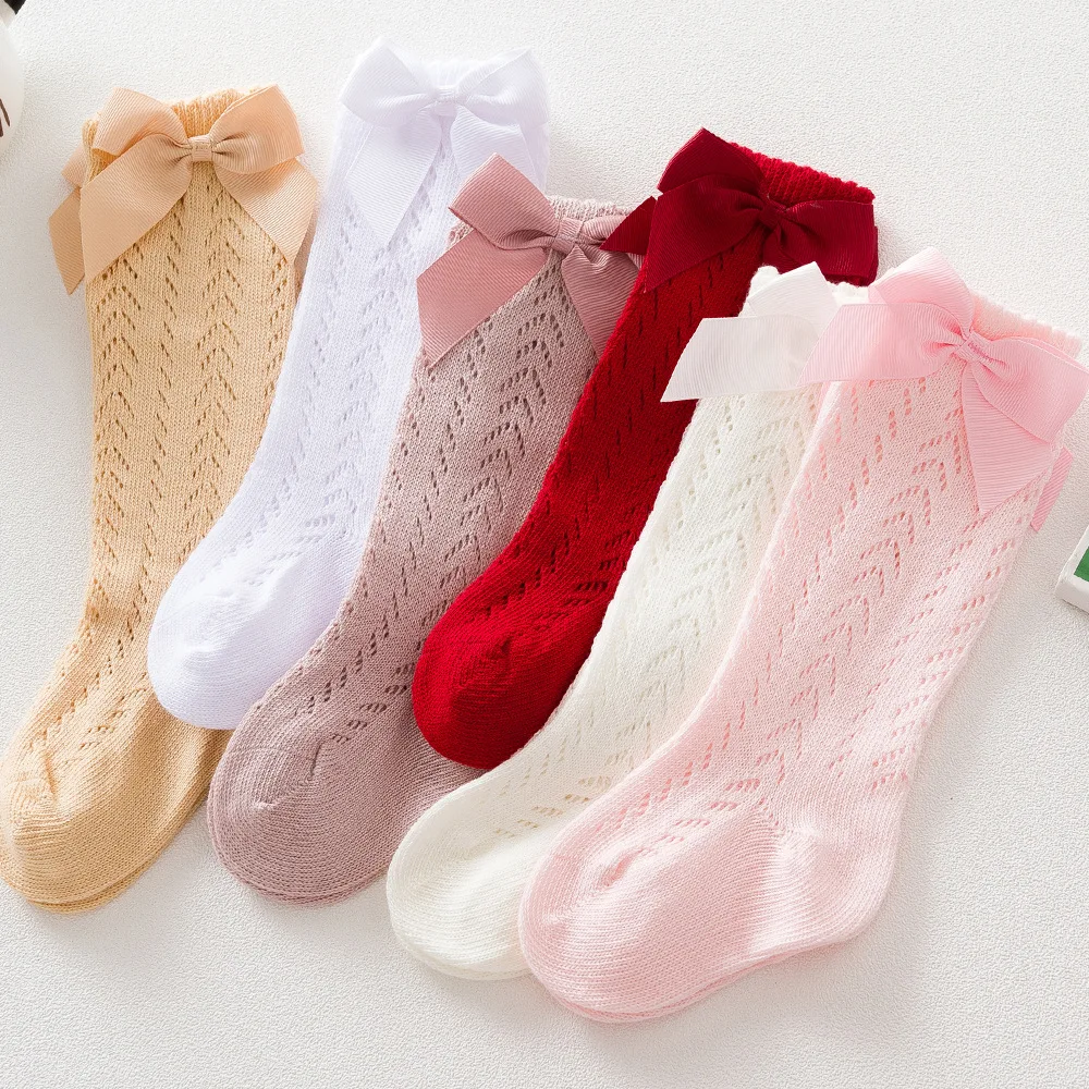 Summer Baby Girls Socks Toddlers Bow Long Sock Kids Knee High Soft Cotton Mesh Spanish Children Breathable Socks For 0-5 Years