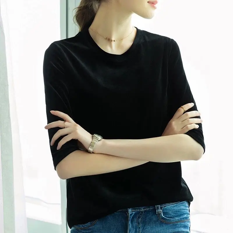 

Korean Style Women's Half Sleeve Velvet Blouse plus size Fashion Office Lady Top in Black Gray Velour shirts