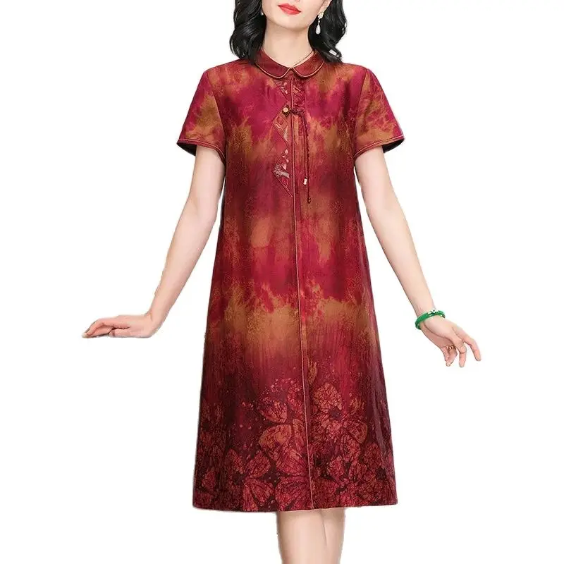 BirdTree, Red Watered Gauze, 100%Real Silk Elegant Dresses, Women Short Sleeve Printed, Loose Chinese Mom Dress, Summer D44840QM