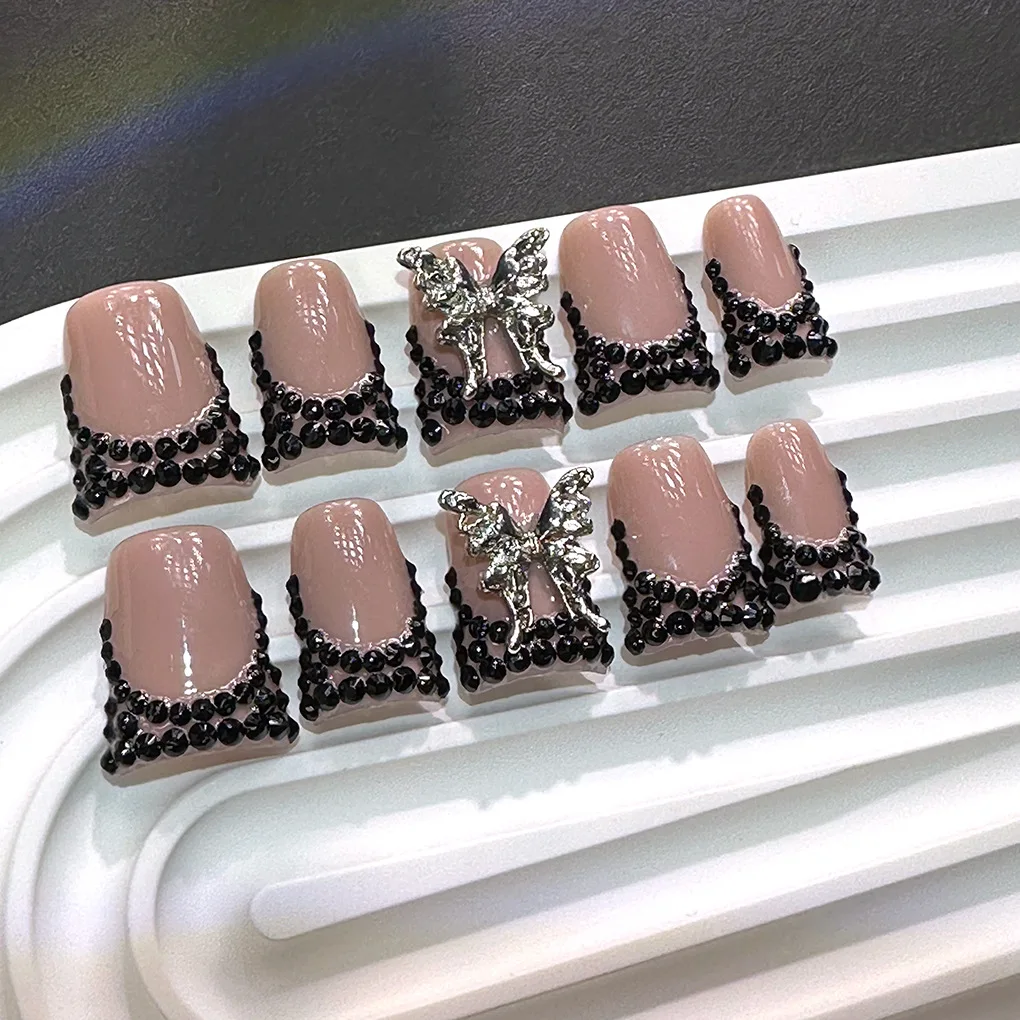10pcs high-end Sweet and cool style, hand-painted three-dimensional butterfly, sparkling petite black diamond handmade fake nail