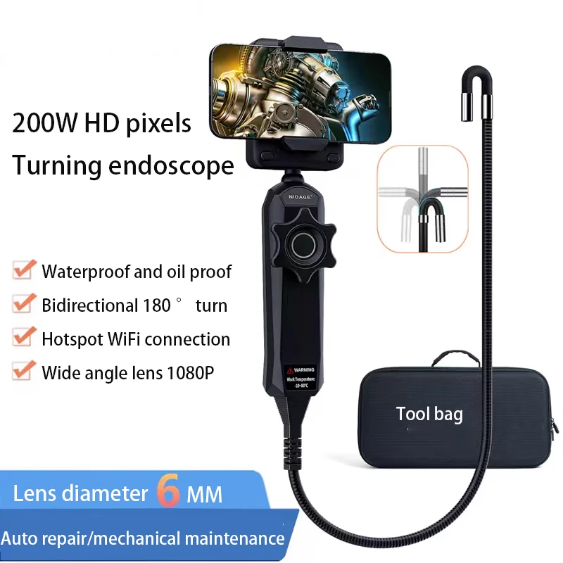 Obiettivo da 6mm 1080P 360 ° sterzo endoscopio telecamera HD manutenzione auto motore rilevamento deposizione di carbonio WiFi collegare al telefono