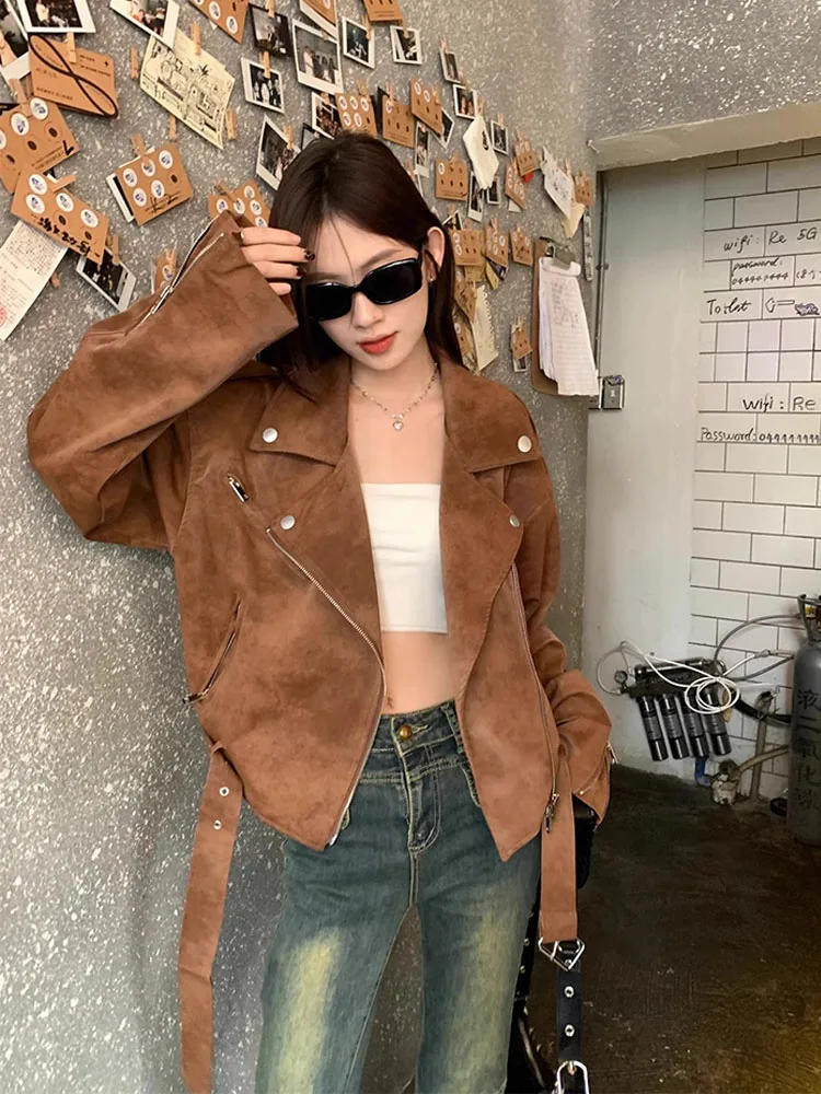 Chaqueta de ante sintético de gran tamaño para mujer, abrigo de manga larga con solapa y cremallera, prendas de vestir marrones Vintage, ropa de calle de moda para señora nueva 2025