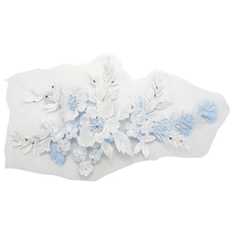 ABRT-3X Perlen Hot Drilling Spitze Braut Perlen Blumen Stickerei Patches für Kleidung Hochzeit DIY Dekor Himmelblau