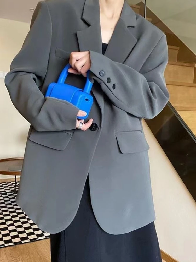 春秋新作 無地 レディーススーツ 通勤 シングルボタンスタイル カジュアル ルーズ レトロファッション 長袖コートトップ