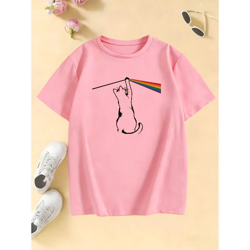 Rainbow Cat Pattern Pure Cotton Printed Children's T-shirt Personalized Round Neck T-shirt New Parent-child Fashion T-shirt