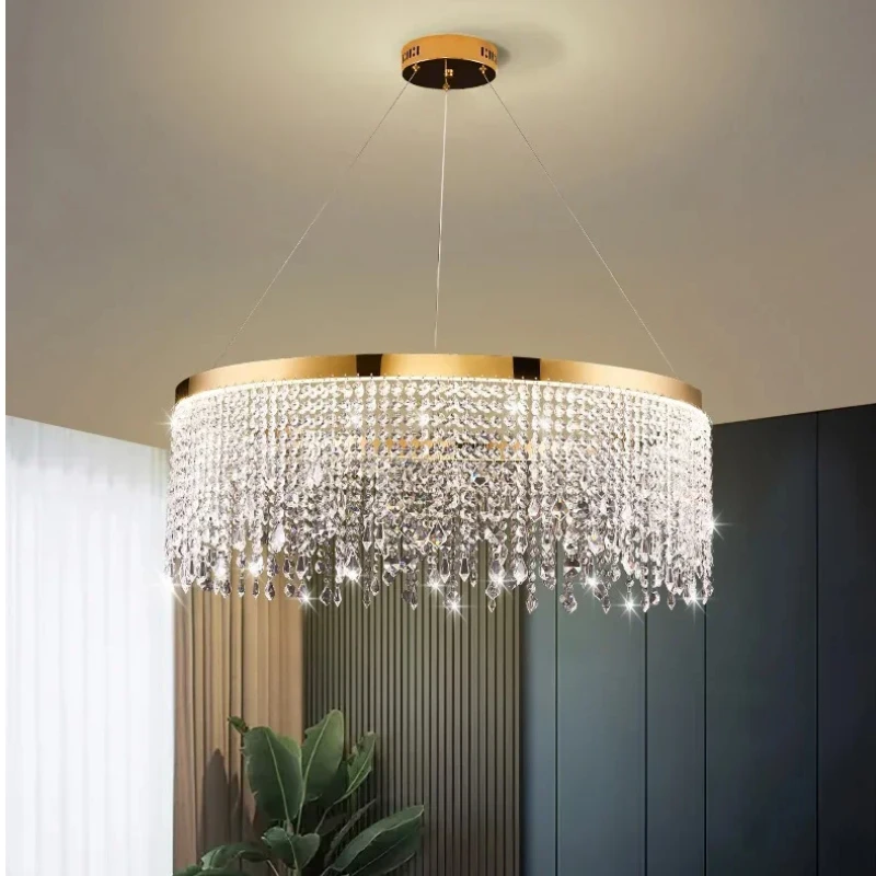

2025 New Designer Crystal chain Ceiling Chandelier Dimmable Round Brass Pendant Lamp for Living Room Hotel Luster Light Fixture