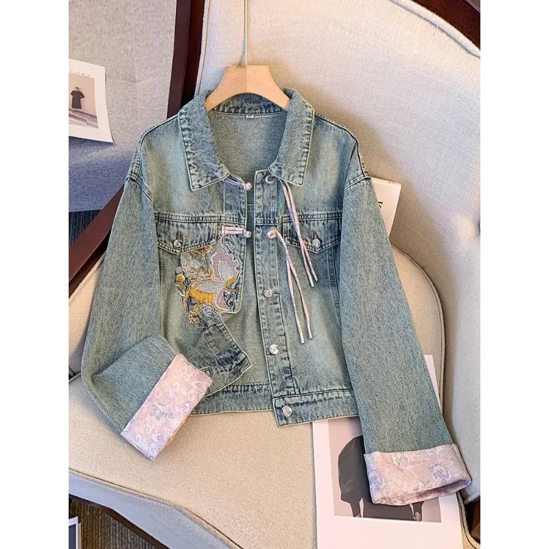 Blouse Outerwear Denim Women's Spring/Autumn New Chinese Style Tang Suit Clasp Fastening Embroidery Petite Cropped New Casual