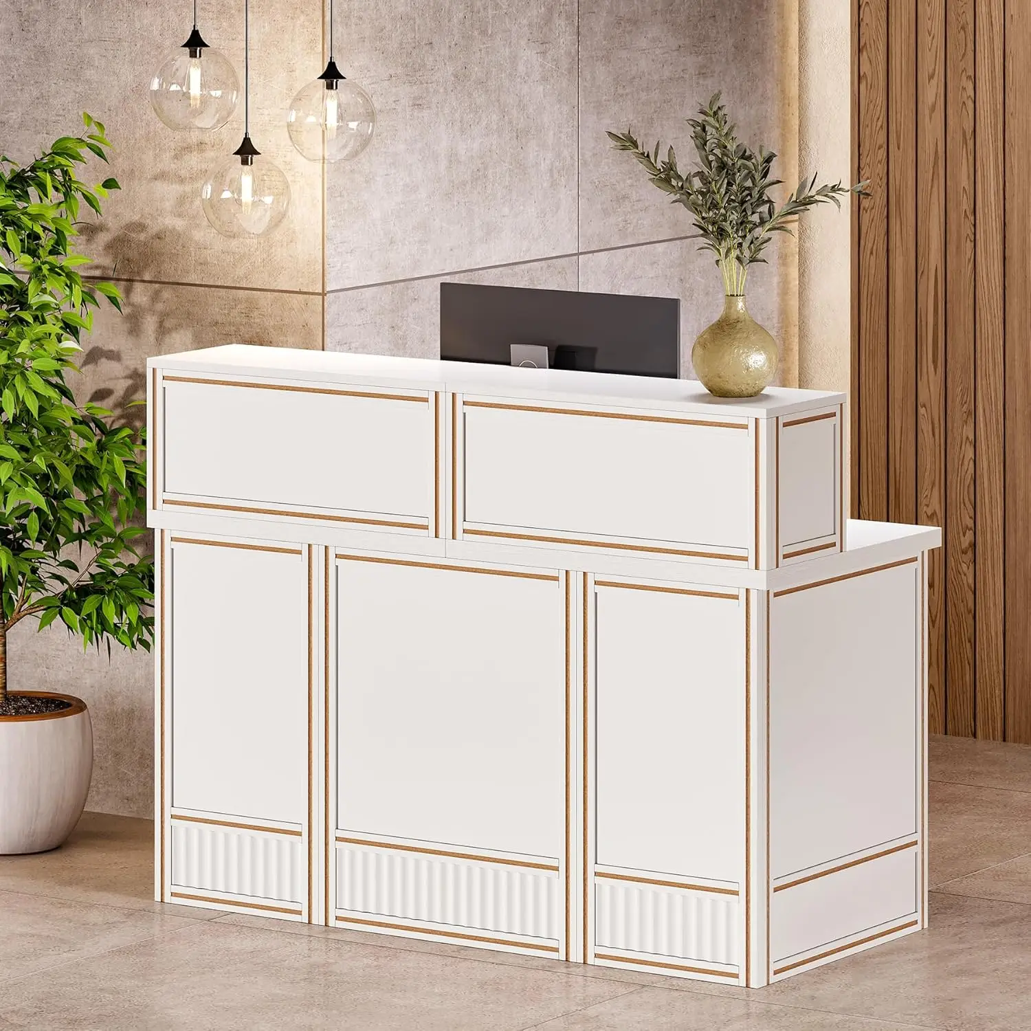 Little Tree 57-Inch Reception Desk With Counter, Boho Style Front Desk, Modern Checkout Counter, Receptionist Desk For Retail,