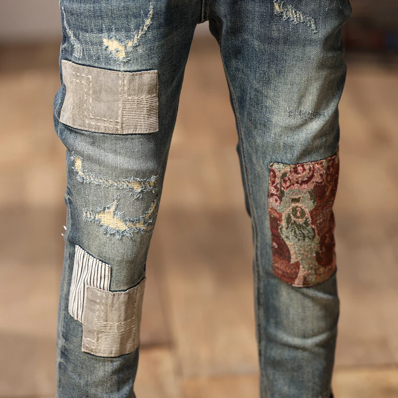 Streetwear Fashion Men Jeans Retro Washed Blue Stretch Skinny Fit Ripped Jeans Men Patched Designer Hip Hop Denim Pencil Pants