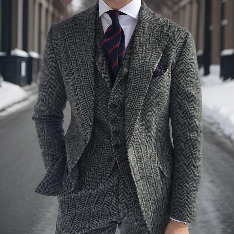 Gray Wool Tweed Suits for Men Winter Wedding Formal Groom Tuxedo 3 Pcs Herringbone Male Fashion Set (Jacket + Vest + Pants)