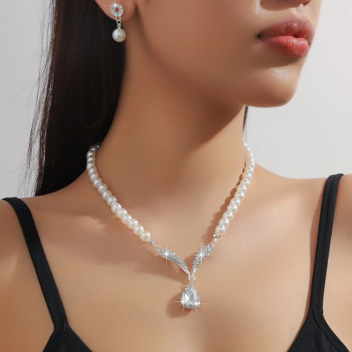 3PC Women\'s Fashion Trend Pearl Droplet Necklace Earrings Jewelry Set Wedding Banquet Party Festival Gift