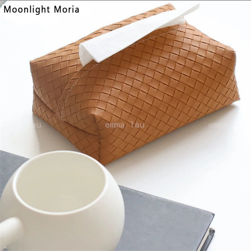 Woven Leather Tissue Box Light Luxury Desktop Coffee Table Draw Paper Storage Box Bedroom Restaurant Napkin Bag