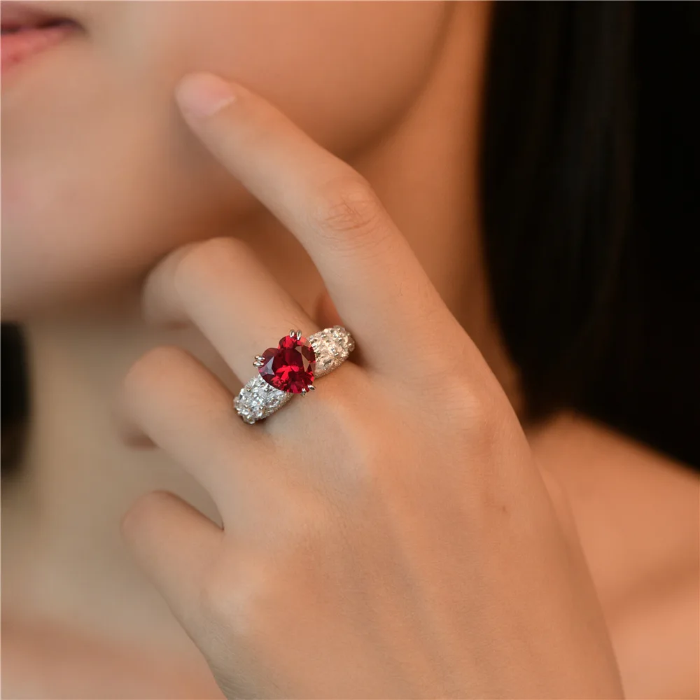 KQDANCE 925 Sterling Silver 5 Carat Created Red Red Corundum Ruby Gemstone High Carbon Diamonds Heart Rings Women Fine Jewelry