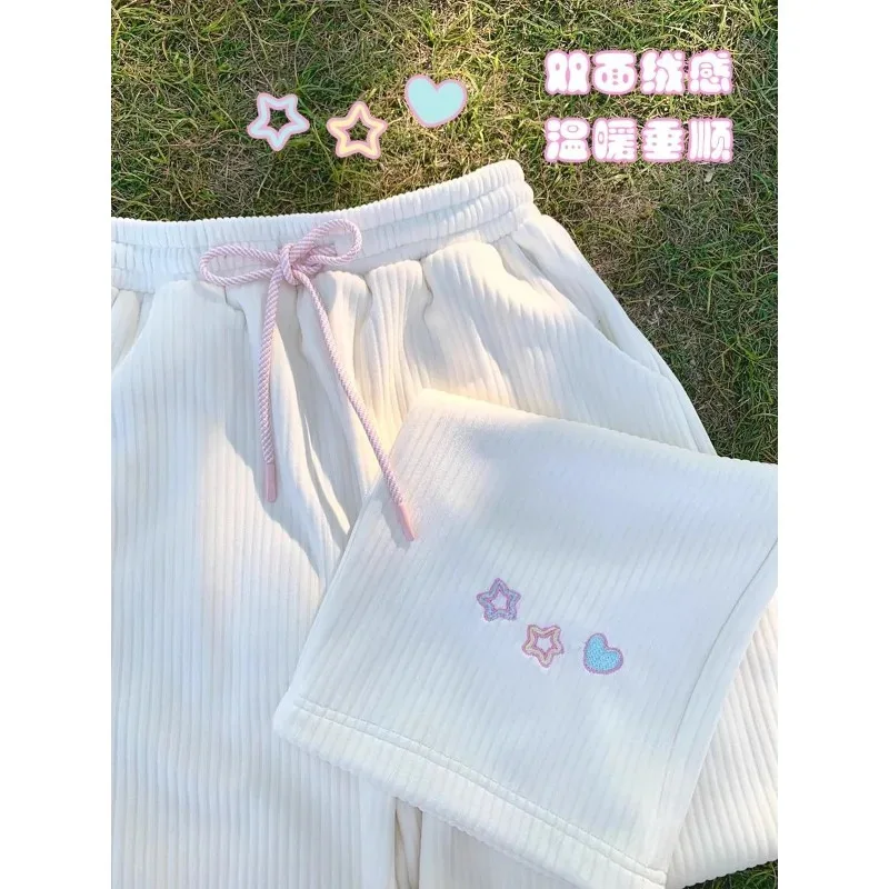 2025 nueva estrella del amor bordado pierna ancha pana dulce niñas pantalones de cintura elástica Otoño Invierno felpa engrosamiento una familia amorosa