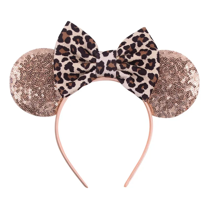 Diadema con estampado de leopardo de Disney para niña y mujer, diademas con orejas de Mickey Mouse, lazo de lentejuelas para fiesta, accesorios para