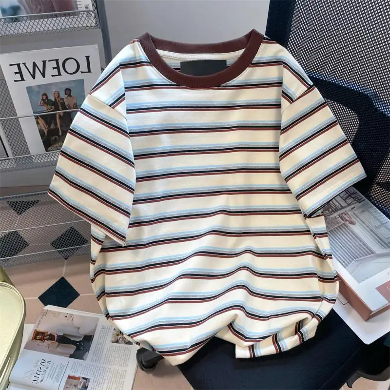 

Men's Summer Loose Vintage Contrast Striped T Shirt Casual Round Neck Versatile Short Sleeve Top Retro Fashion Streetwear Trendy