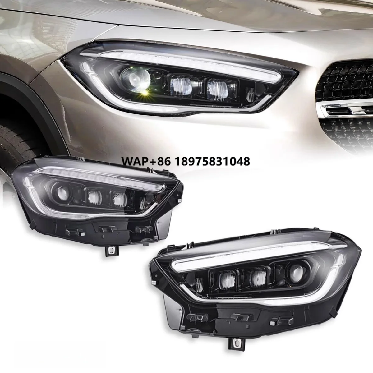 

Светодиодные фары для GLA в сборе с синей полосой, LED-линзами, ДХО и последовательными поворотниками, 2020-2025 гг.