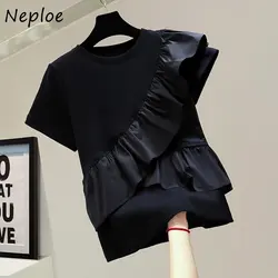 Neploe Loose Short Sleeve Personalized Panel Top 2024 Summer Korean Ruffle Edge Slimming Elastic Solid Color Versatile T-Shirts