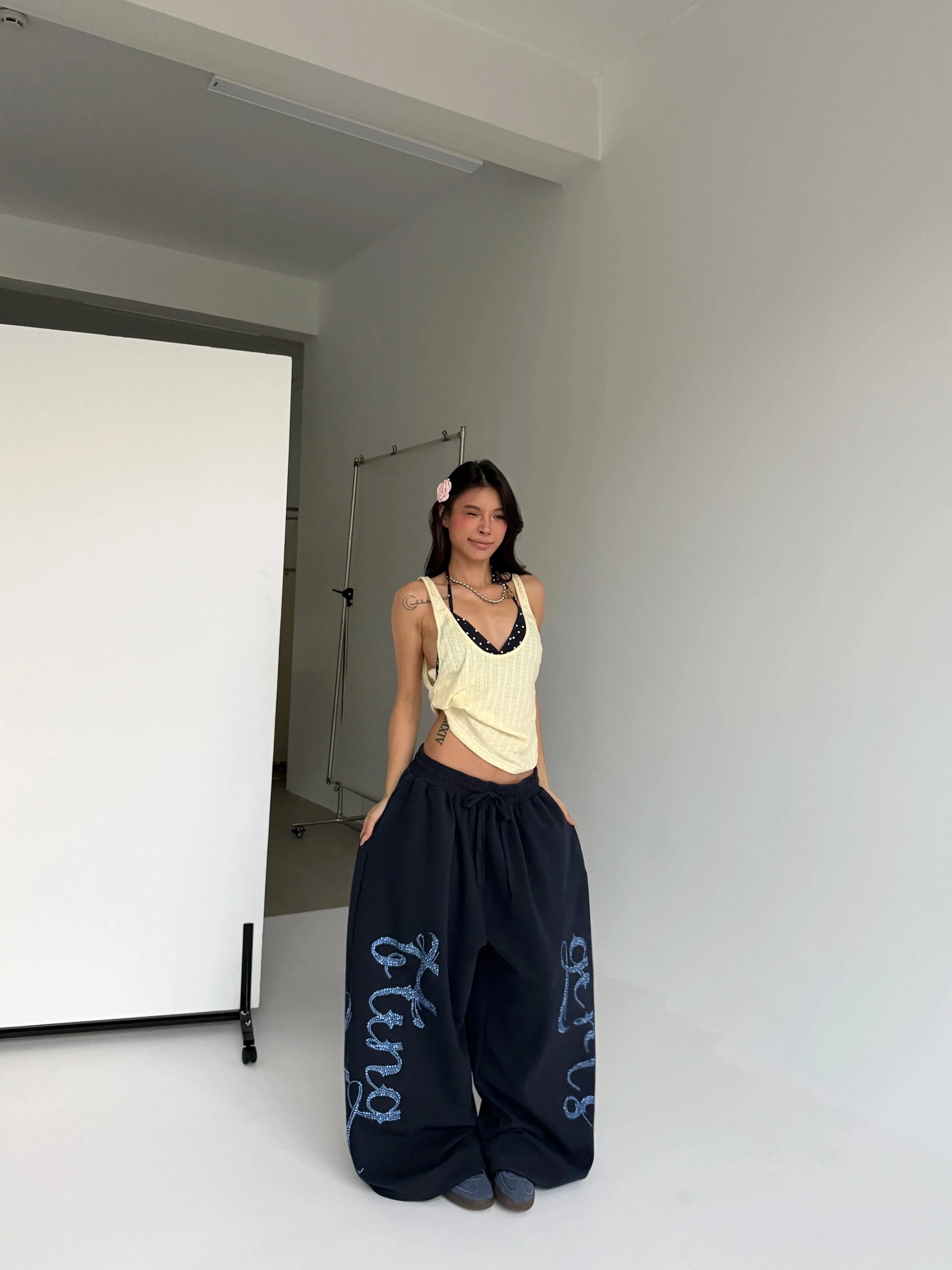 American Style High Waist Wide Leg Pants Glitter Drawstring Dance Sporty Casual Trousers for Women Girls Students