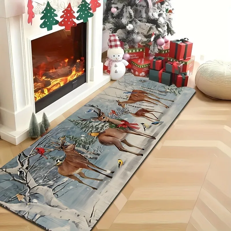 High‑Quality Printed Xmas Long Runner Rug Santa Sleigh Reindeer Golden Letter Snowflake Pattern Carpet Indoor Floor Rug