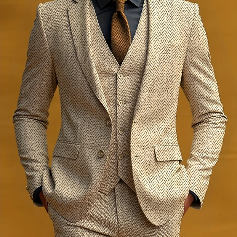

Men's Three Piece High-end Suit, Elegant Formal Attire, Solid Color, Lapel - Ideal Choice For Work, Parties And Weddings