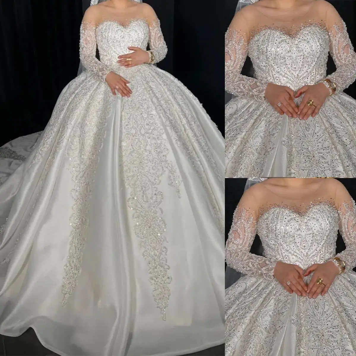 Luxury Ball Gowns With Veil Appliques Beaded Sequins O Neck Wedding Dress Customized Pleats Sweep Train Satin Bridal Dresses