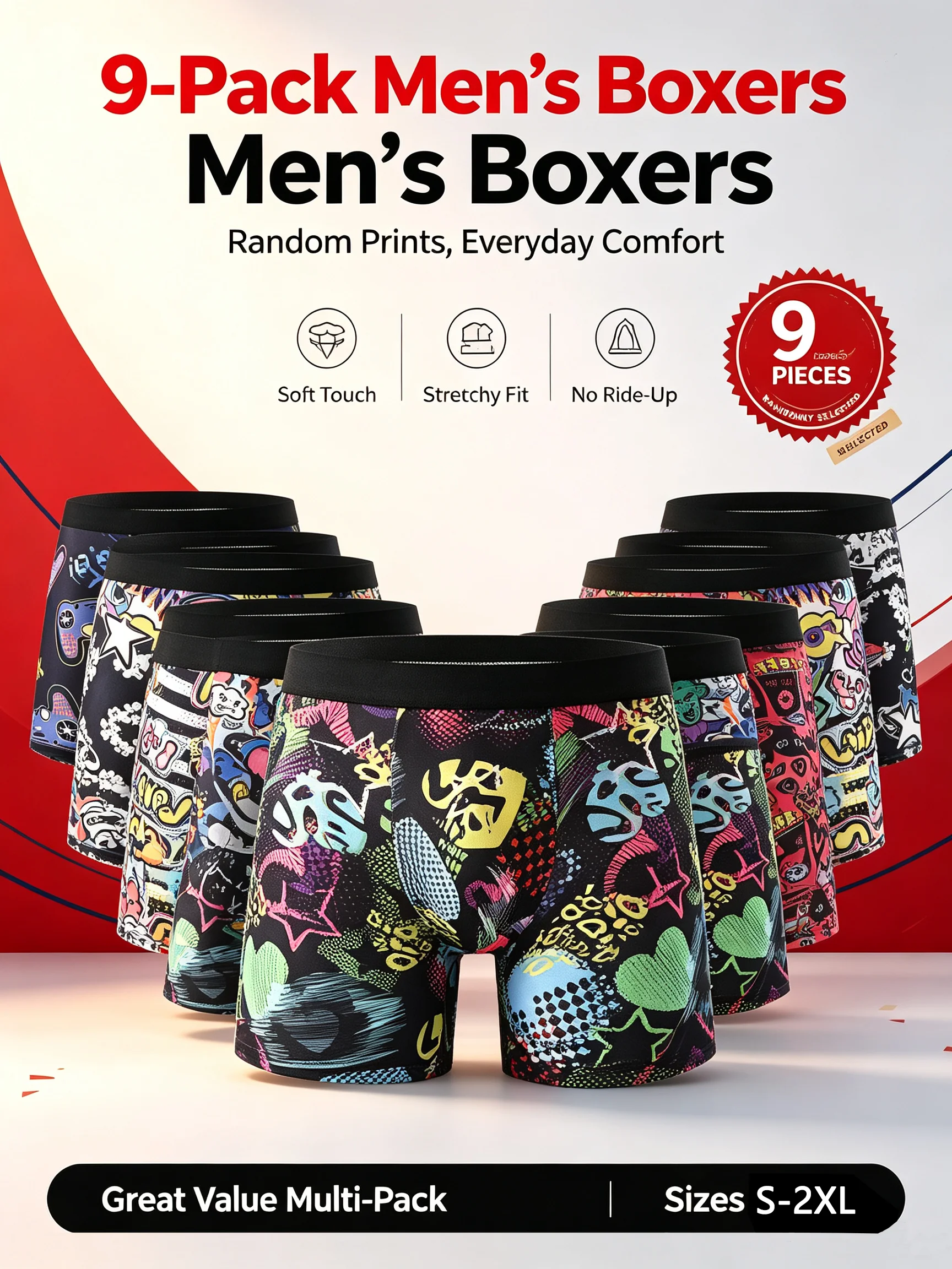 Men’s Boxer Briefs 9-Pack Random Colorful Print Underwear Soft Stretch Comfortable Underpants Breathable Casual Daily Wear S-2XL