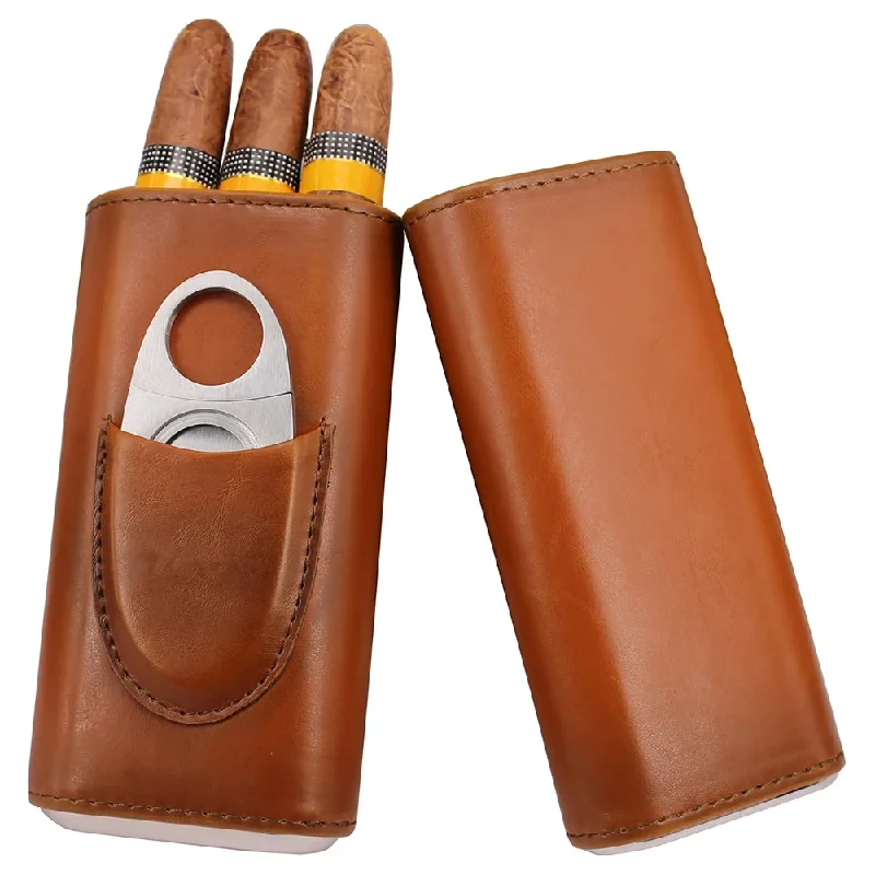 

3-Finger Leather Cigar Case with Cigar Cutter Portable Travel Cigar Holder Case Premium Cigar Carrying Case