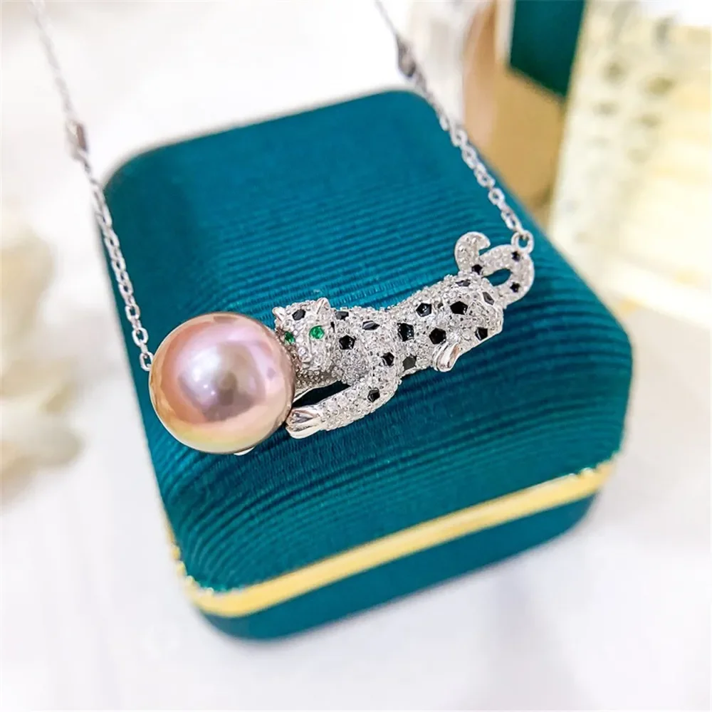 

DIY Pearl Accessories S925 Sterling Silver Chain Empty Leopard Pendant with Silver Chain Fit 10-12mm Round Beads L174