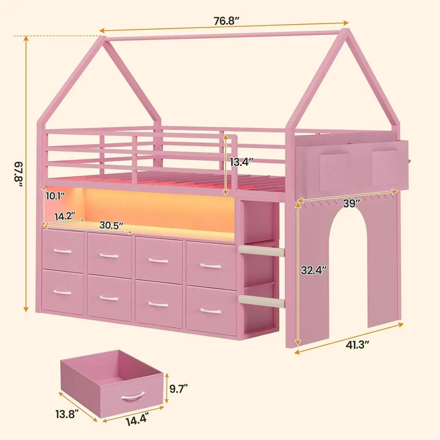 Fast Delivery & Hot SellingBTHFST Twin Size Loft Bed for Kids, 8 Storage Drawers & LED Lights, House Shaped Metal Bed with Bookc