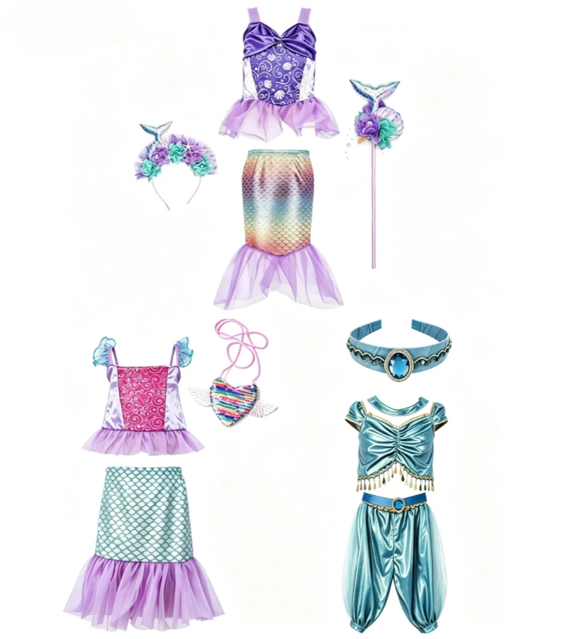 Rainbow Color Sweet Mermaid Princess Style Top Skirt 2 Piece Set Masquerade Beach Theme Party Casual Wear Gifting Outfit Package