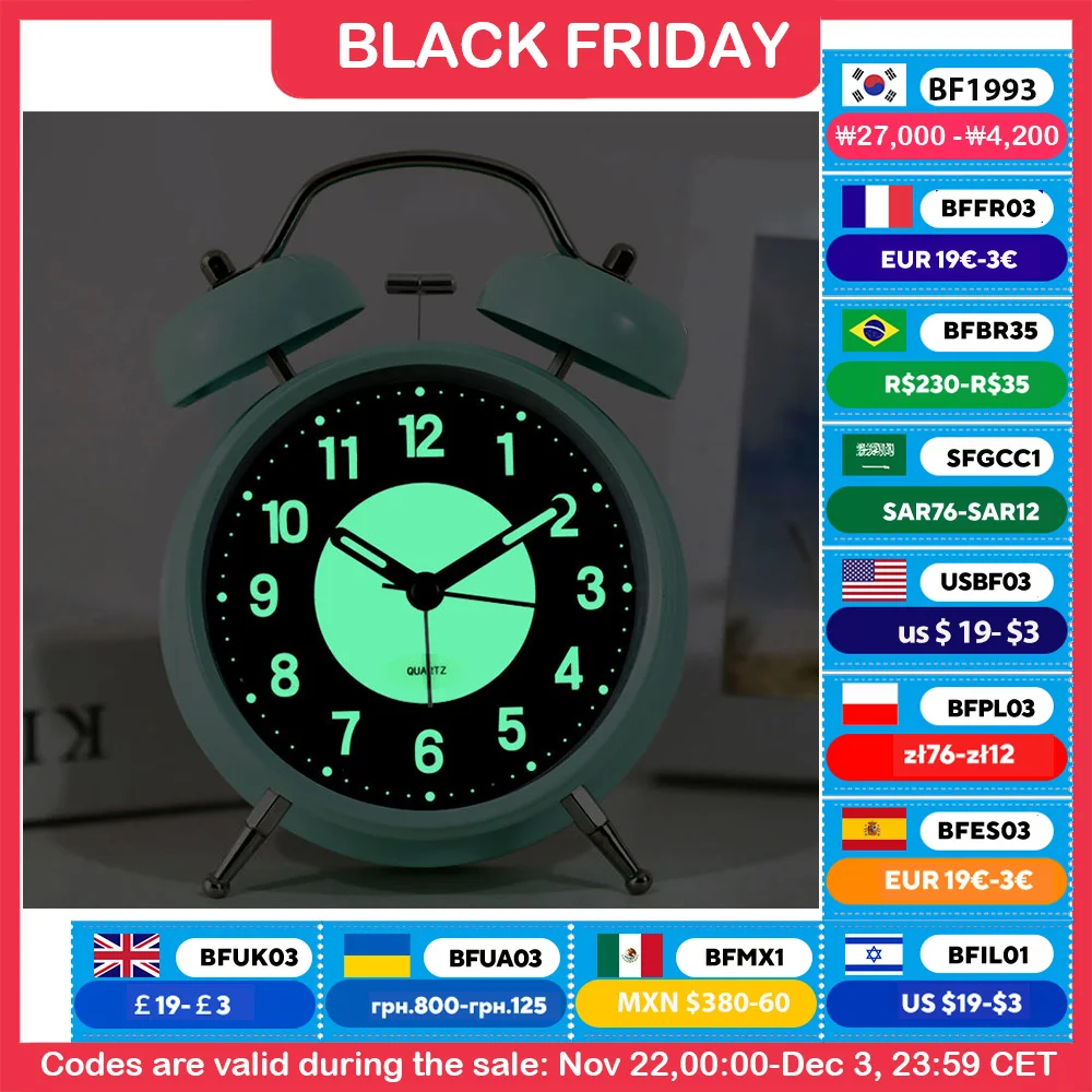 Silent Non-Ticking Analog Quartz 4 Inches Battery Operated Twin Bell Loud Alarm Clock with Backlight for Bedroom