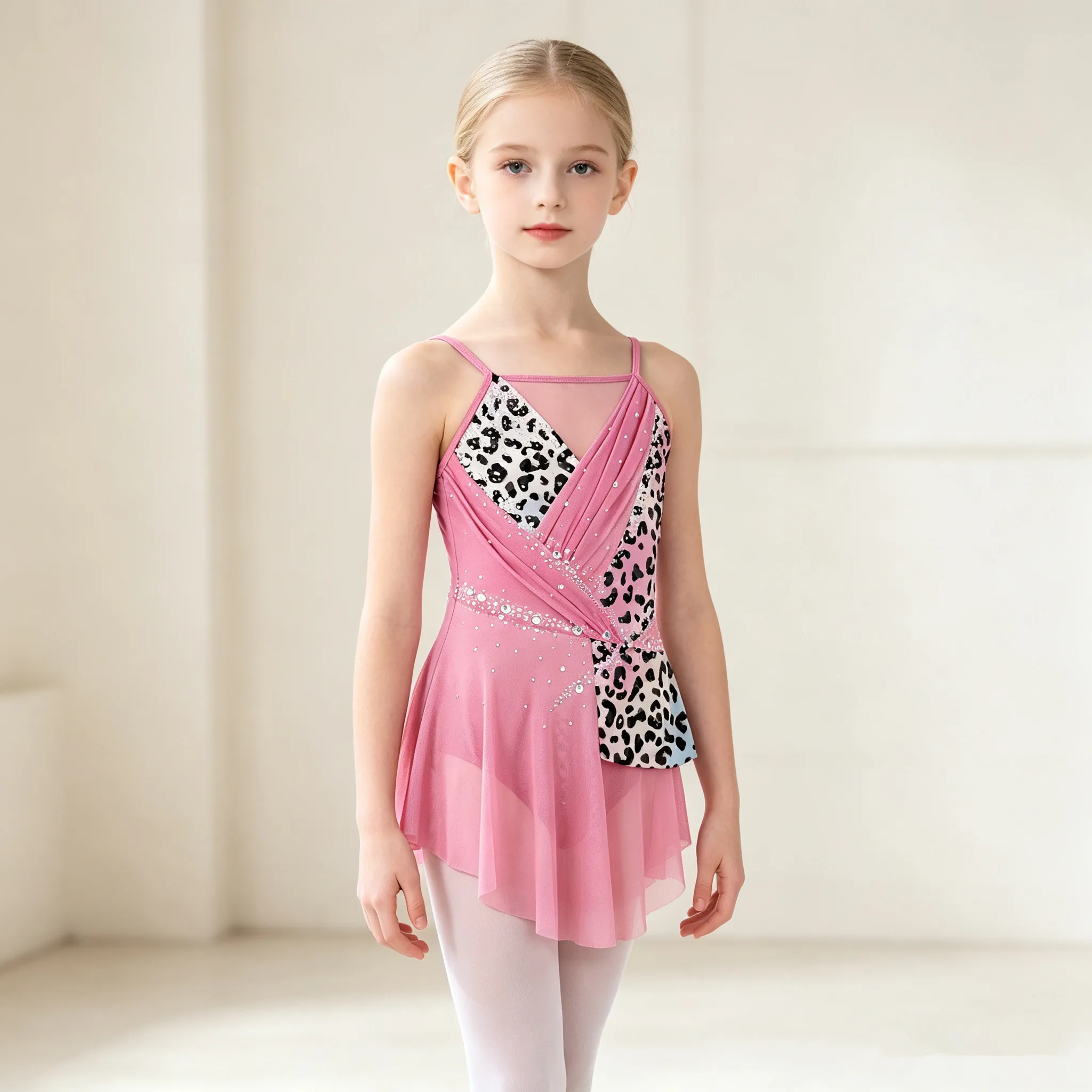 Kids Girls Ballet Leotards Lyrical Dance Costume Leopard Print Rhinestone Gymnastics Artistic Figure Skating Dress Dancewear
