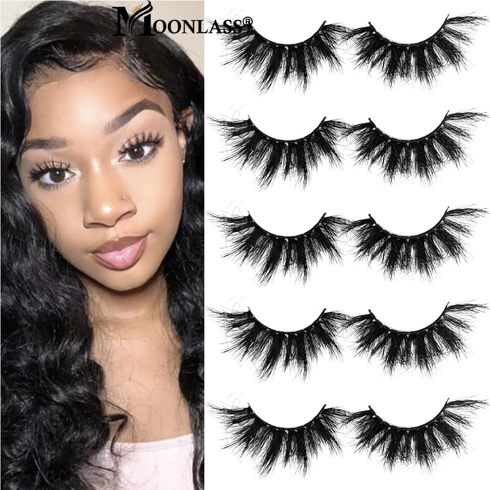 

Moonlass Dramatic Fluffy Messy Wispy 22-25mm Mink Lashes Natural Look Reusable Soft Handmade False Eyelashes With Tray Wholesale