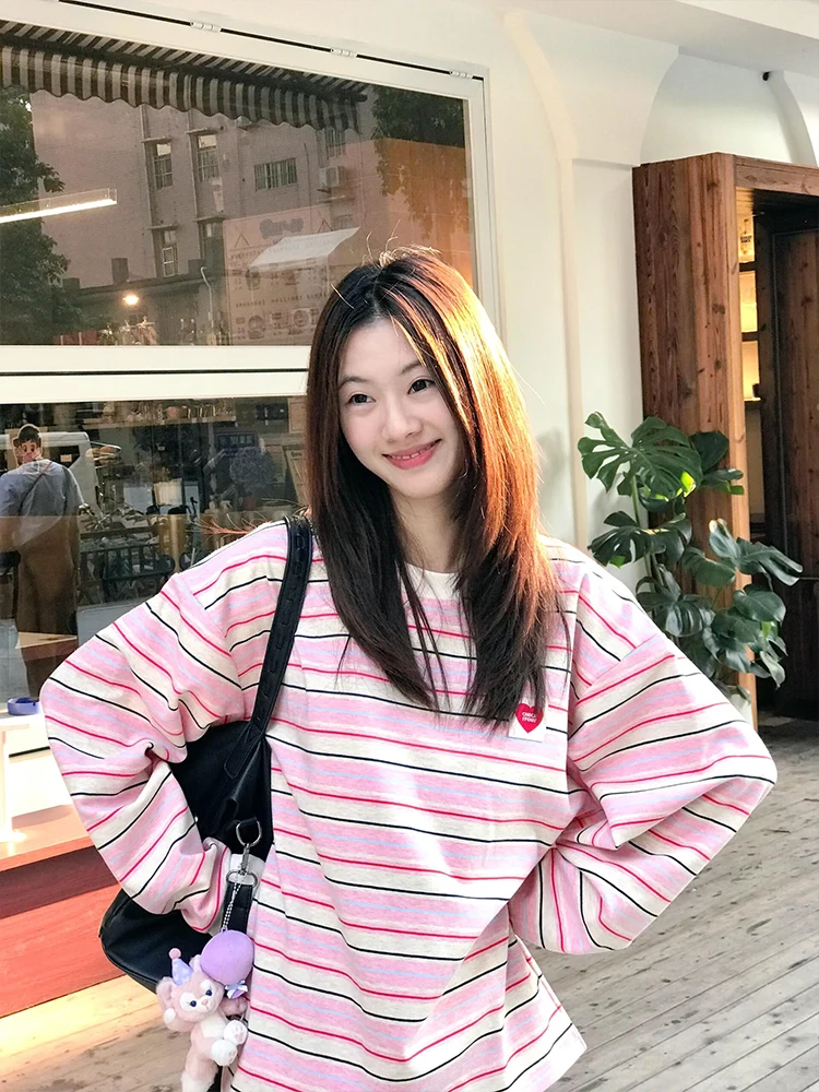 

Retro American Pink Heart Patch Striped Long Sve T-irt Women's Spring Autumn Loose Sweet College Sle Casual Top